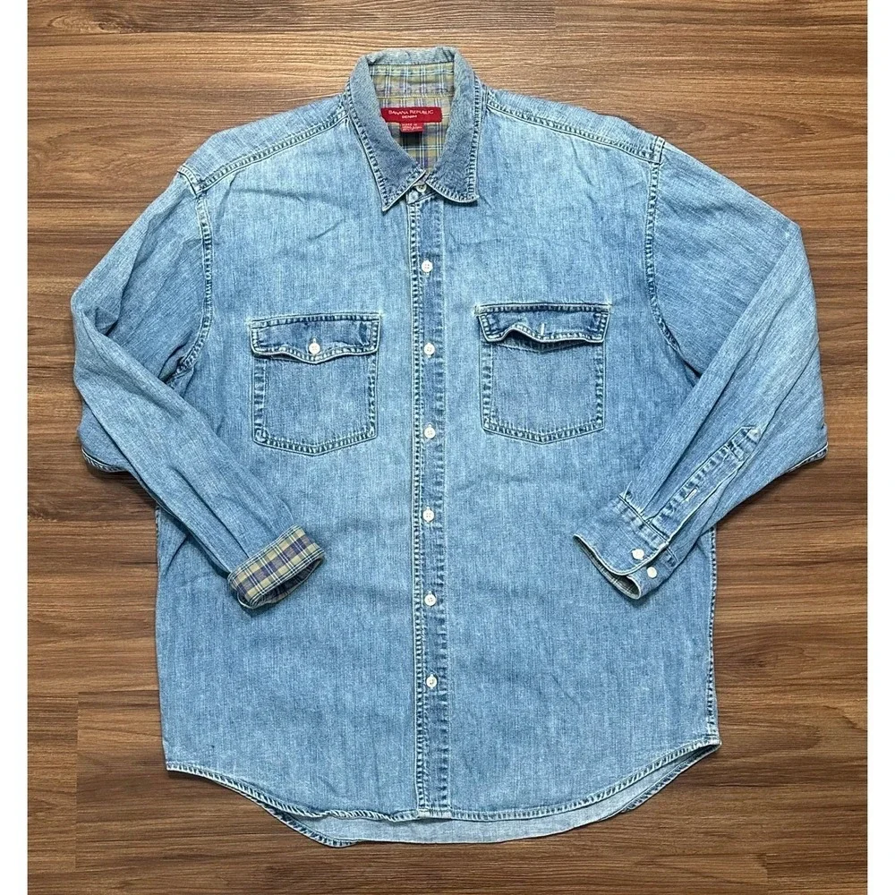 Vintage Banana Republic Distressed Denim Plaid Cuff Button Up Shirt Men Sz L